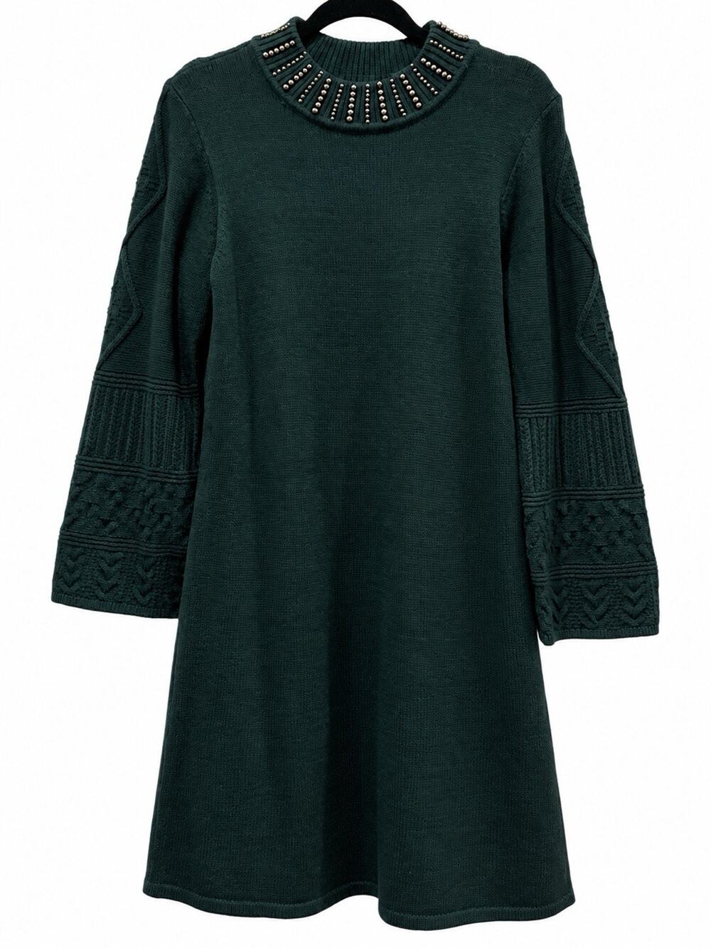 Karl Lagerfeld Paris Sweater Dress L Green Beaded Mock Neck Dark Academia Cozy